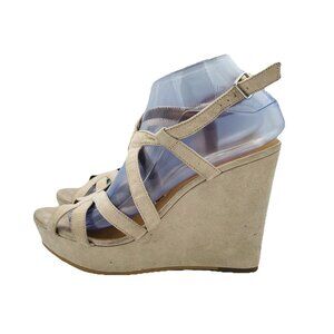 BP Womens Shoes Size 8.5 M Beige Strappy Wedge Ankle Strap Heels Faux Suede